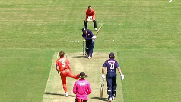 Bas de Leede is hit for four by Richie Berrington (ICC tv)