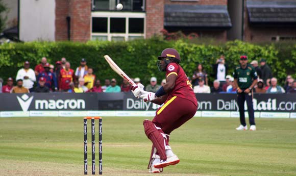 Matthew Forder plays a ramp shot which goes for six (CricketEurope)