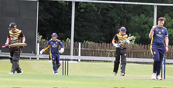 Prince punches the air as Bob Moore departs (CricketEurope)