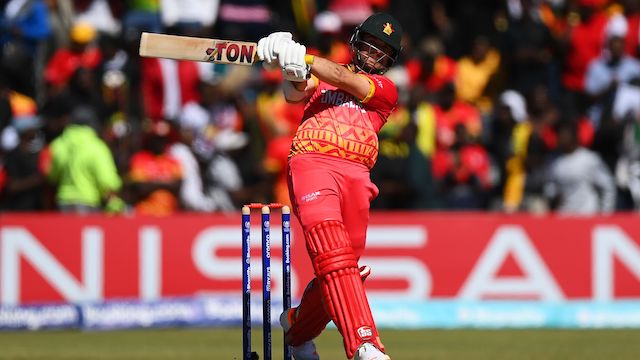 Ryan Burl plays a shot during Zimbabwe's innings against USA