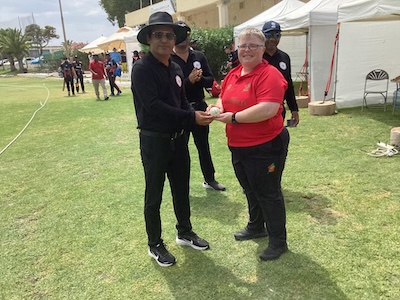 Joanne Hicks gets the match ball after her spell of 5-10