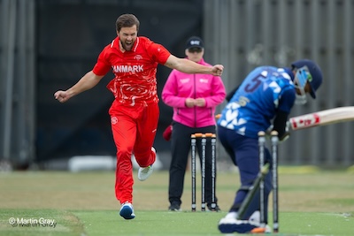 Oliver Hald celebrates bowling Amarpreet Mehmi