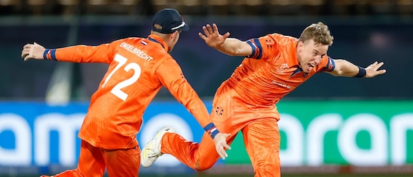 Netherlands players celebrating during their win against South Africa in 2023