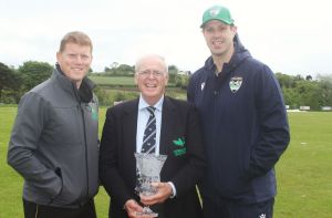 Coaches Kevin O'Brien and Boyd Rankin with Connacht President Jeff Smith holding the Wild Atlantic Way Trophy